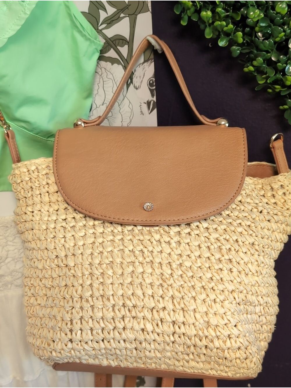 Top Handle Woven Backpack In Camel & Cashew With Rose Gold Details By LC
